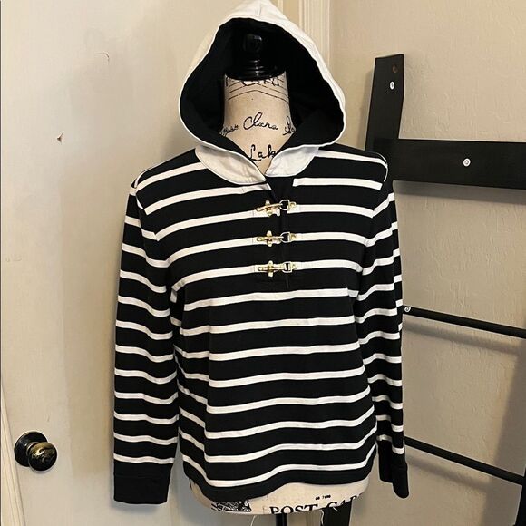 Lauren Ralph Lauren Tops - SOLD Lauren Ralph Lauren Black White Striped Hooded Top Nautical Coastal Preppy